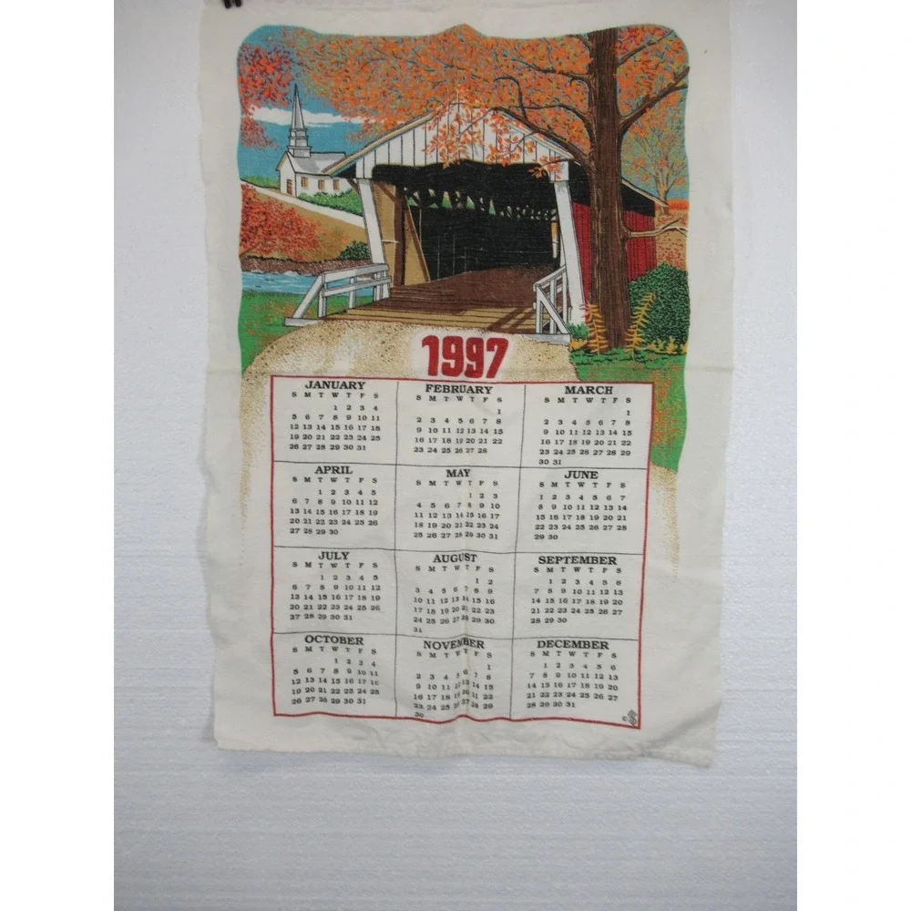 Vintage 1997 Calendar Covered Bridge Print Tea Towel 90s Cotton